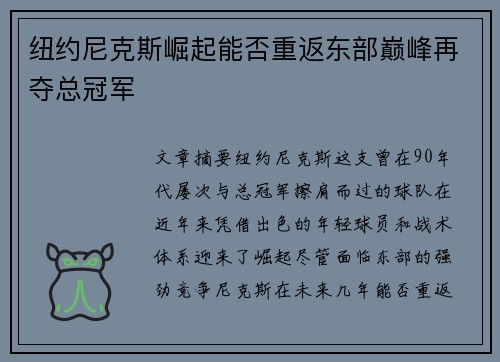 纽约尼克斯崛起能否重返东部巅峰再夺总冠军