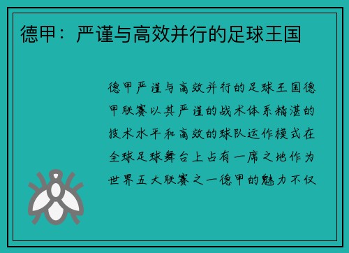 德甲：严谨与高效并行的足球王国